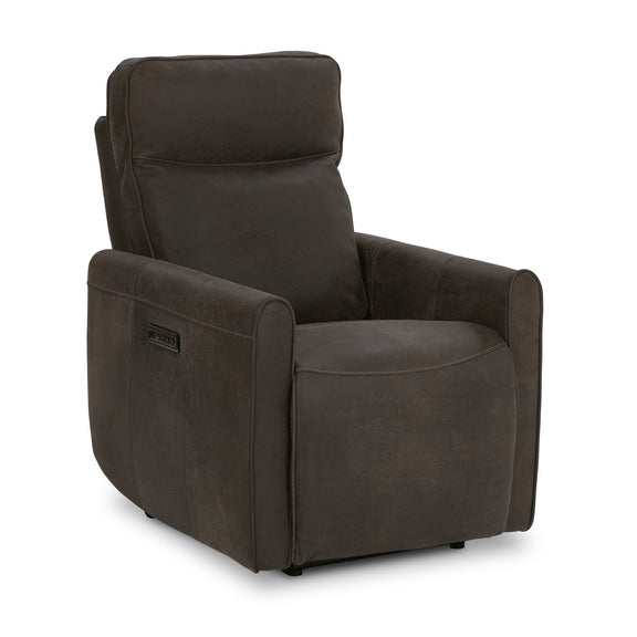 Dark brown leather-look power recliner chair, front view with padded seat