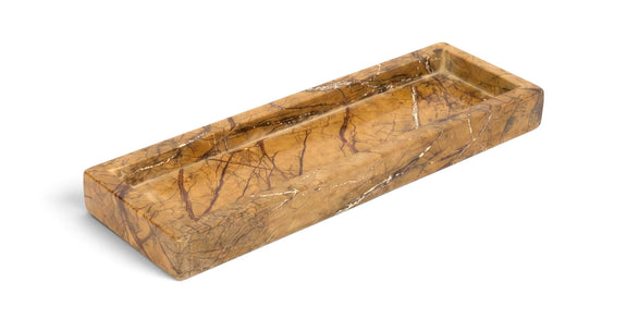 Tan marble tray with swirling brown veining and low rectangular raised edges
