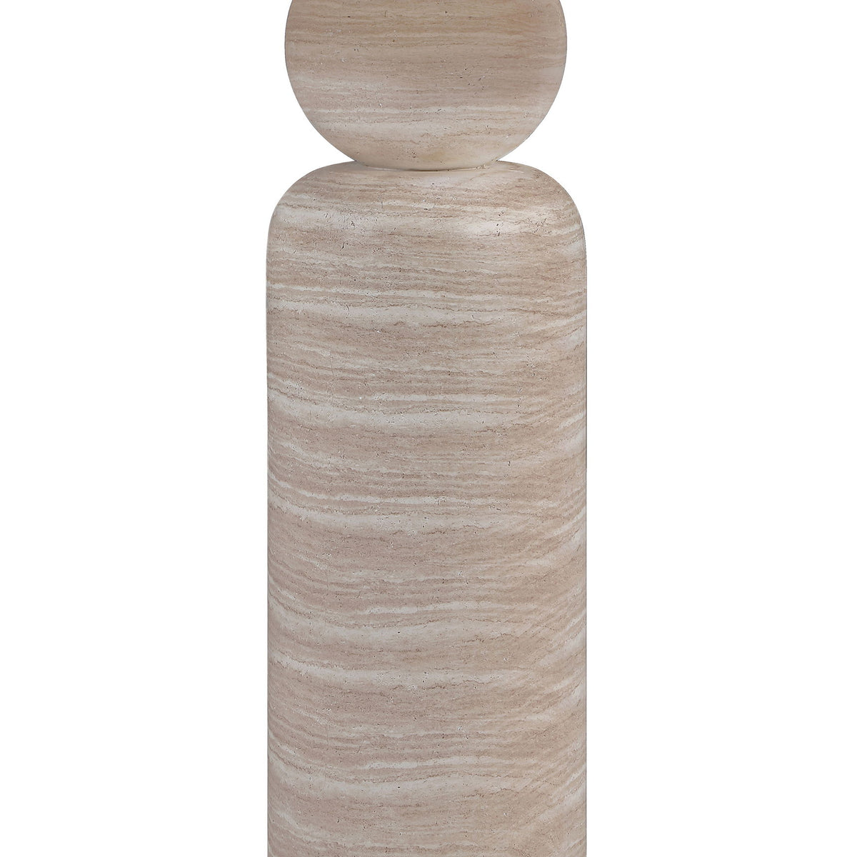 Beige round pedestal table with wood-grain look base and circular top