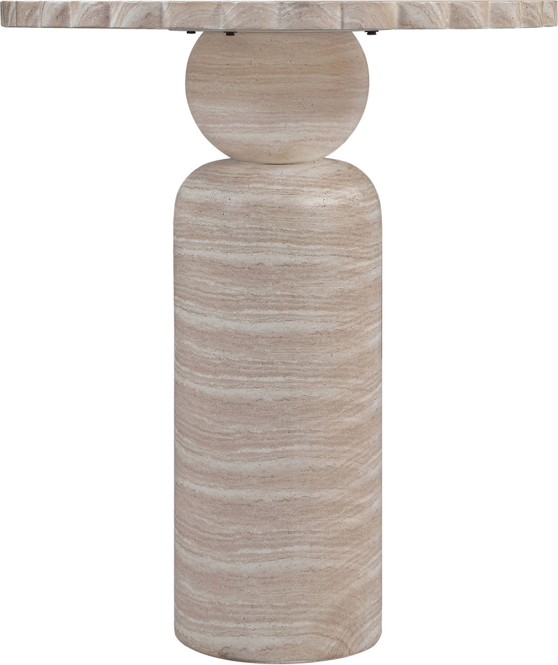 Beige round pedestal table with wood-grain look base and circular top