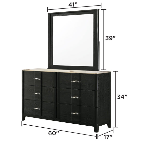 Black dresser with raised mirror and multiple drawers with metal pulls