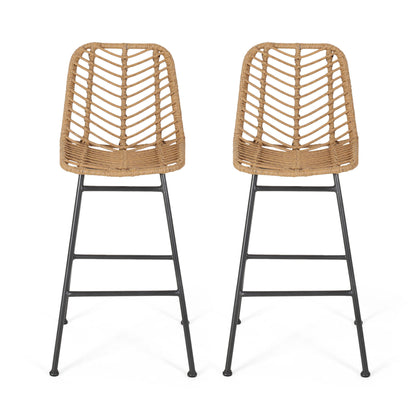 Pair of light brown outdoor wicker barstools with ladder-back seat and black metal legs