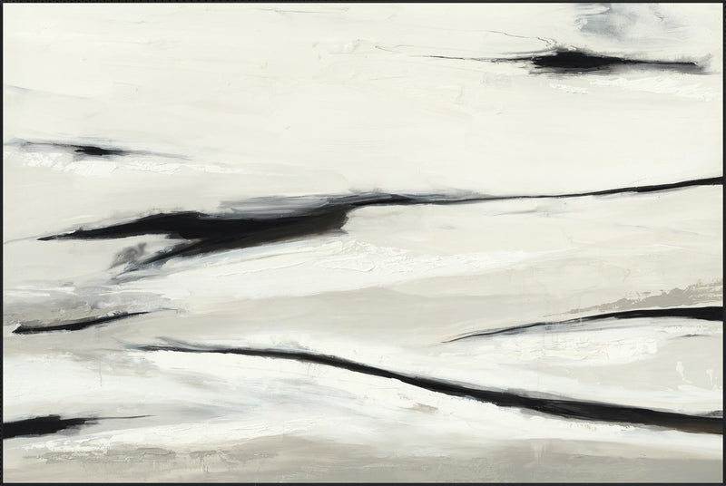 Abstract wall painting with long black strokes and soft white blending