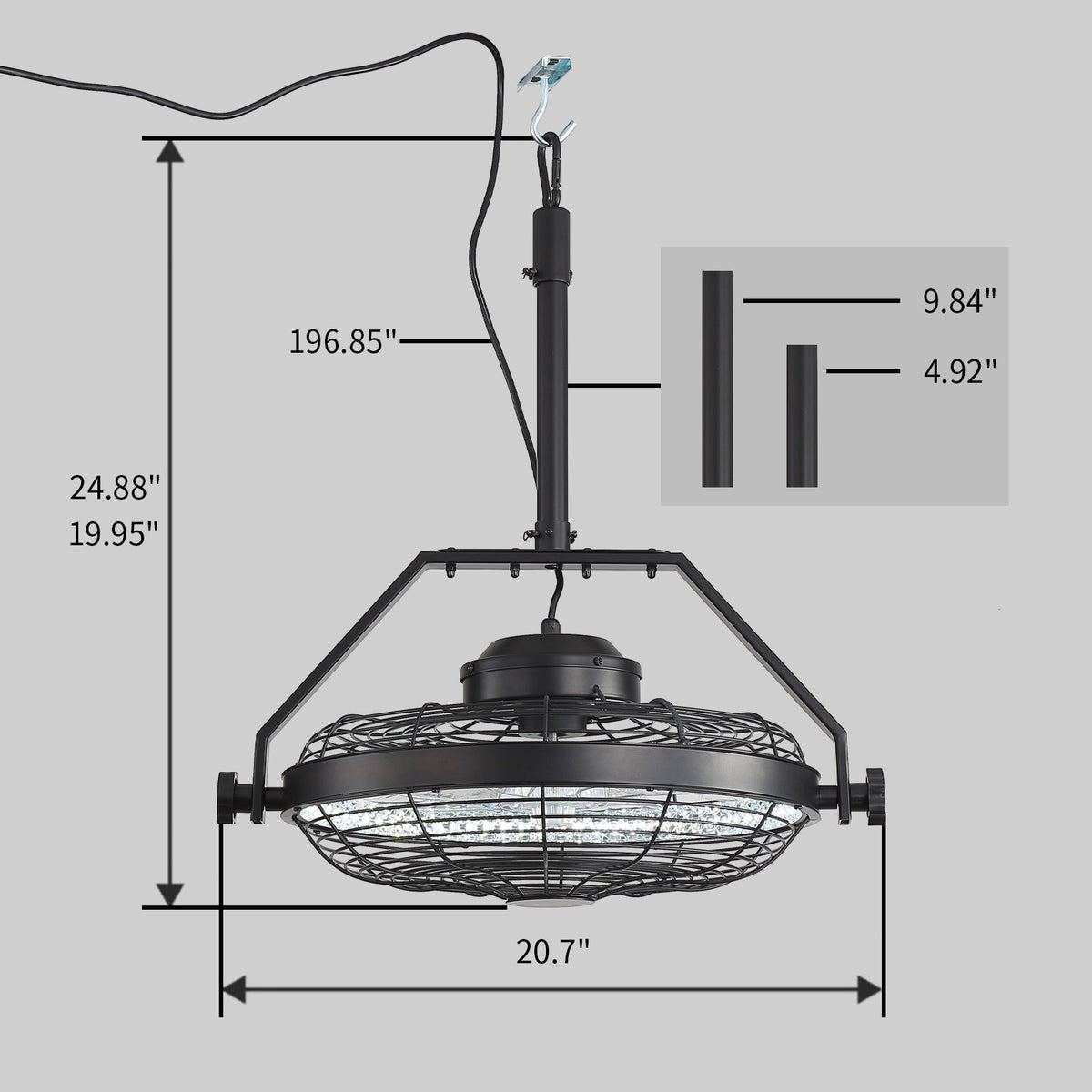 Matte black outdoor ceiling fan light fixture with wire cage and motor housing