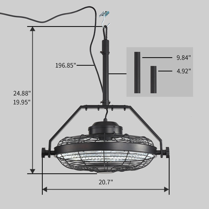 Matte black outdoor ceiling fan light fixture with wire cage and motor housing