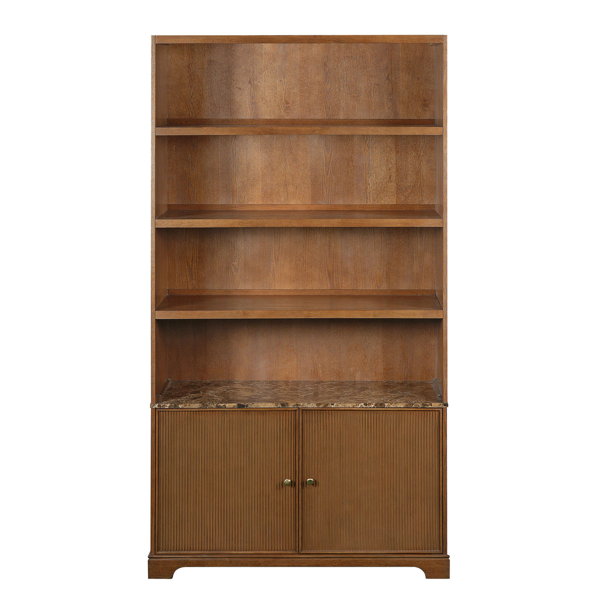 Dark brown cabinet with three open shelves and fluted double doors