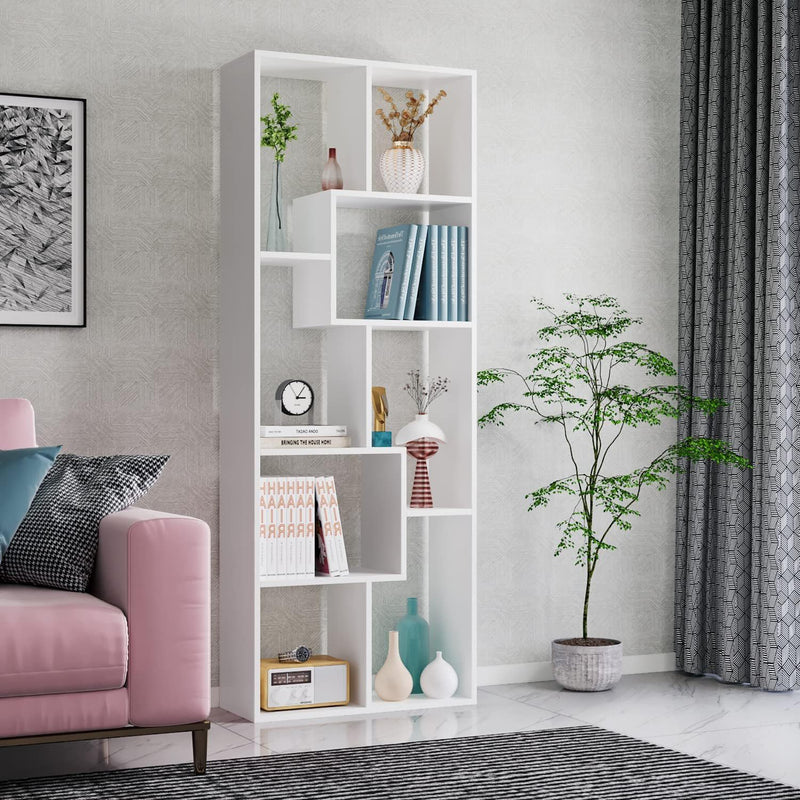 White asymmetrical 5-tier bookshelf with open cubbies for books and decor