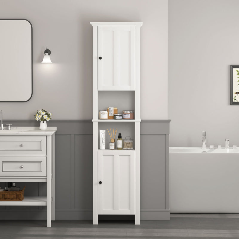 Wooden Bathroom Floor Storage Cabinet With 2 Doors And 6 Shelves - White