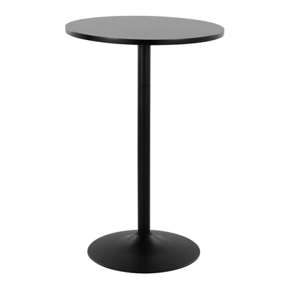 Black round adjustable table with slender pedestal base and wide circular top