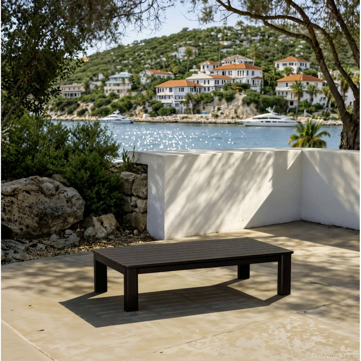 Outdoor dark espresso coffee table with slatted top and sturdy wooden legs