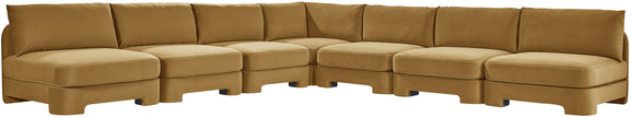 Tan velvet performance sectional sofa with armless chaise and padded back cushions