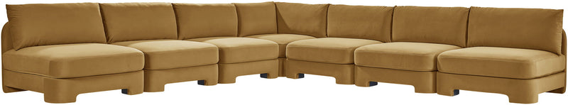 Tan velvet performance sectional sofa with armless chaise and padded back cushions