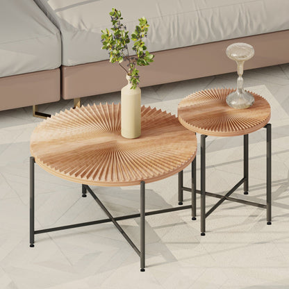 Pair of round light brown end tables with radial distressed wood tops and black metal legs