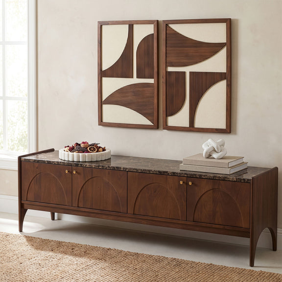 Mango wood media console with dark marble top, carved fronts, and brass knobs