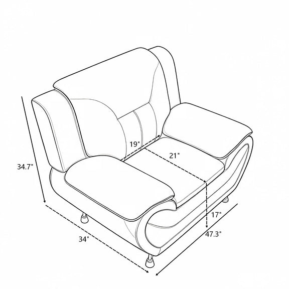 Upholstered sofa chair dimension diagram with labeled width, depth, and height