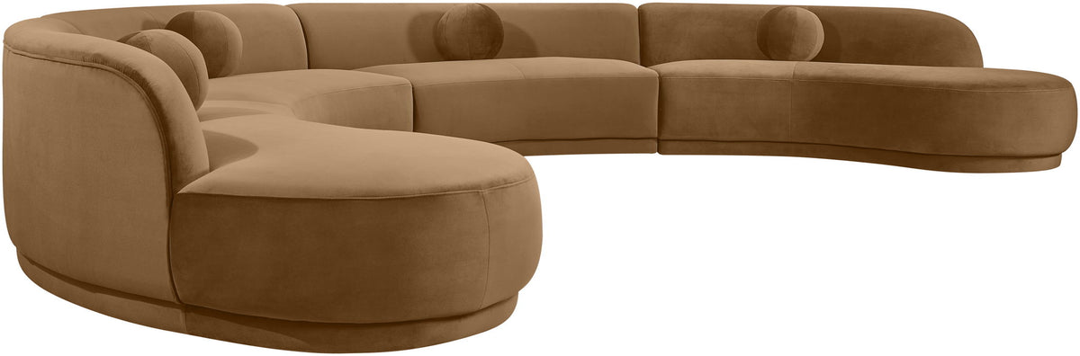 Brown velvet performance sectional sofa with chaise seating and rounded bolster pillows