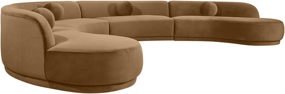 Brown velvet performance sectional sofa with chaise seating and rounded bolster pillows