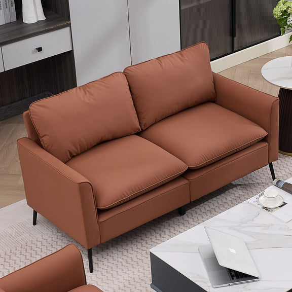 Brown 2-seat upholstered loveseat with thick cushions, wide arms, and black tapered legs