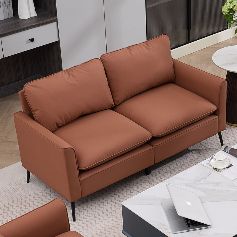Brown 2-seat upholstered loveseat with thick cushions, wide arms, and black tapered legs