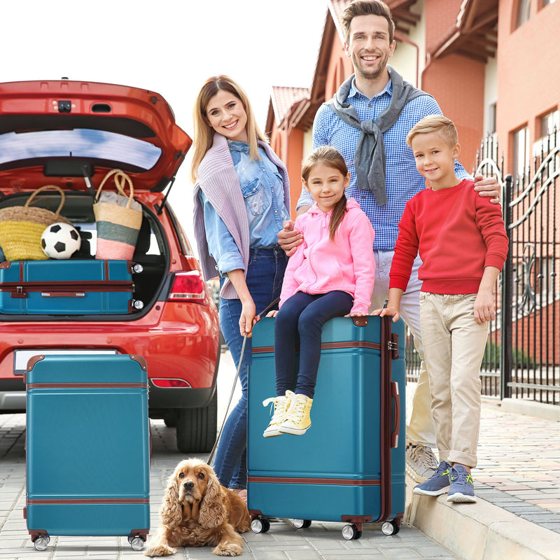 Teal hardshell spinner suitcase with retractable handle and four rolling wheels, plus small case.