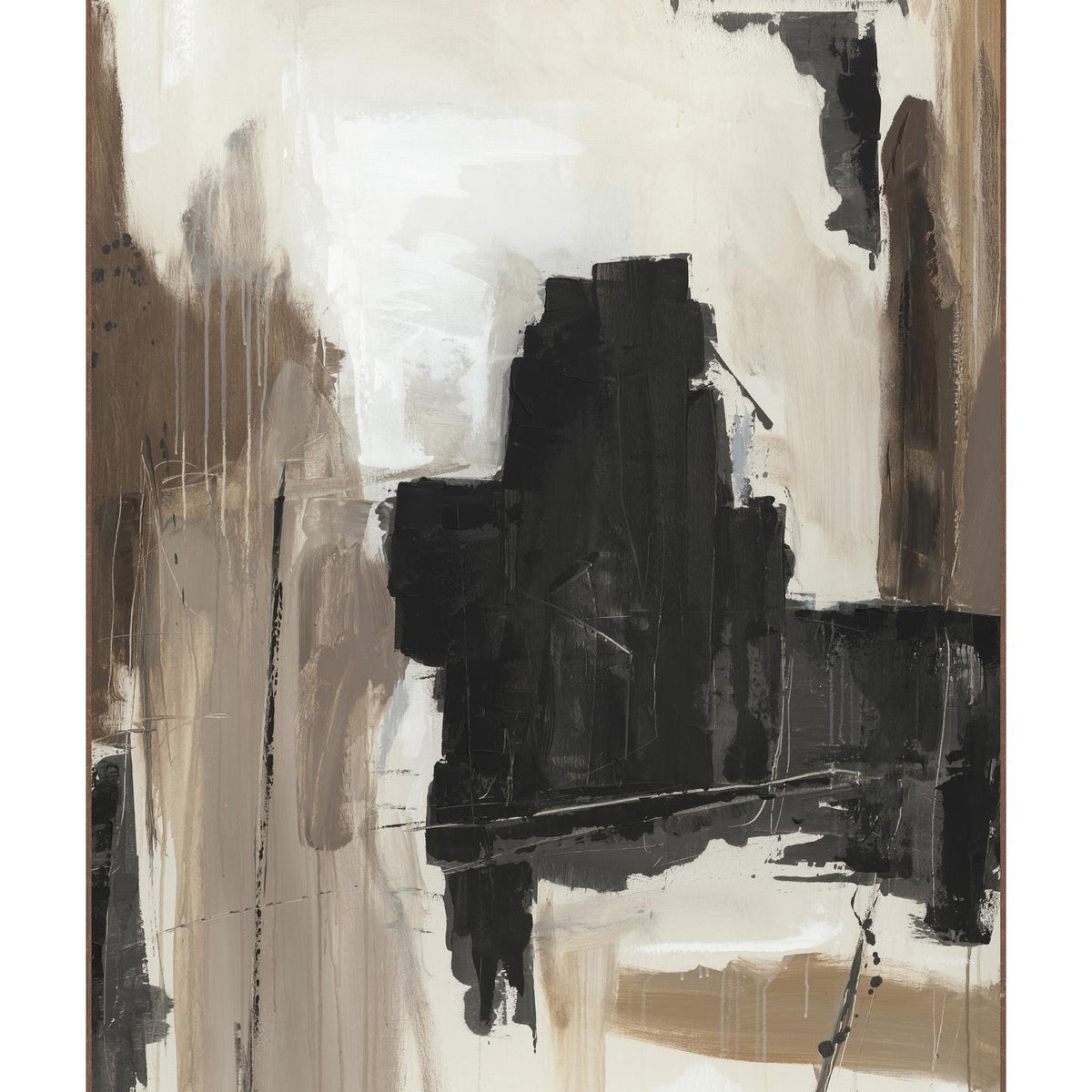 Framed abstract wall art with black and white paint marks on a light, neutral background