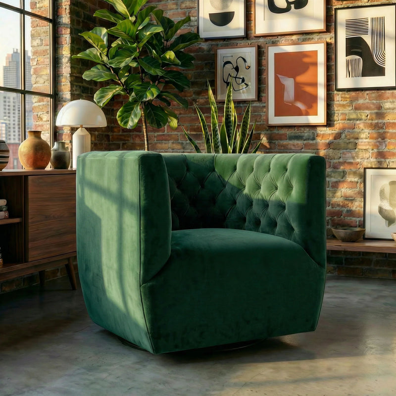 Delaney swivel chair, dark green velvet with tufted wing back and rounded seat