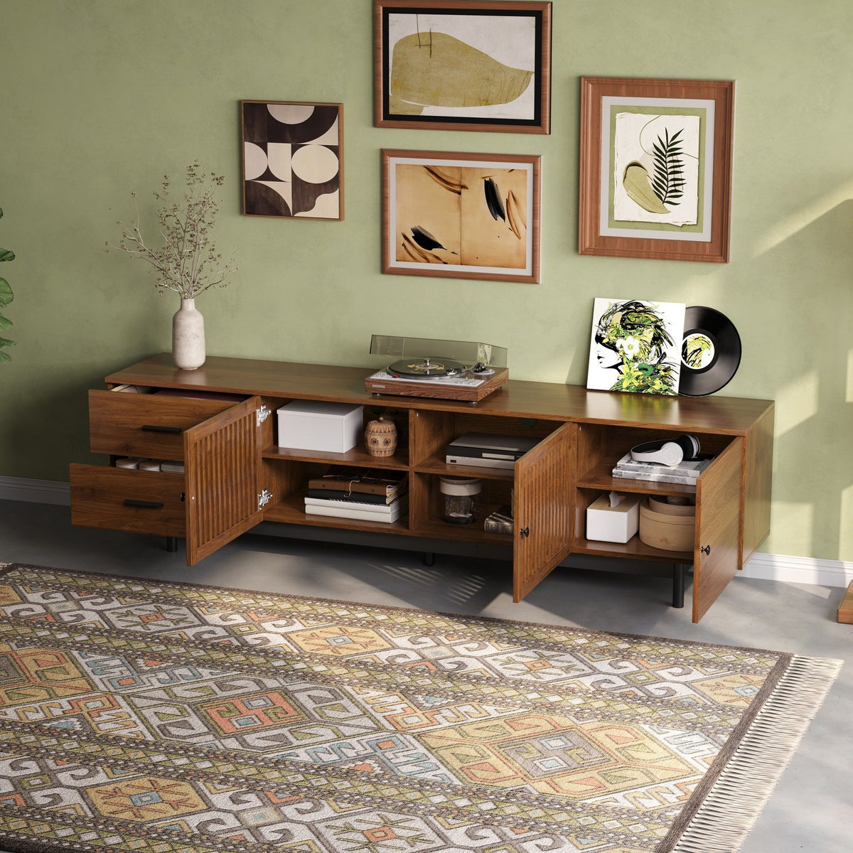 TV Stand, Media Console With 2 Drawers, Soft Closing Hinges, Adjustable Shelves - Walnut
