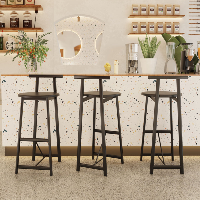 Set of 3 bar stools with backs, dark seats, black frames, lower footrest bars
