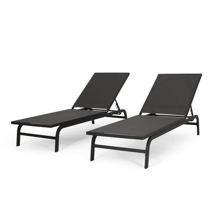 Set of 2 dark gray outdoor chaise lounges with adjustable reclining backs, black frames.