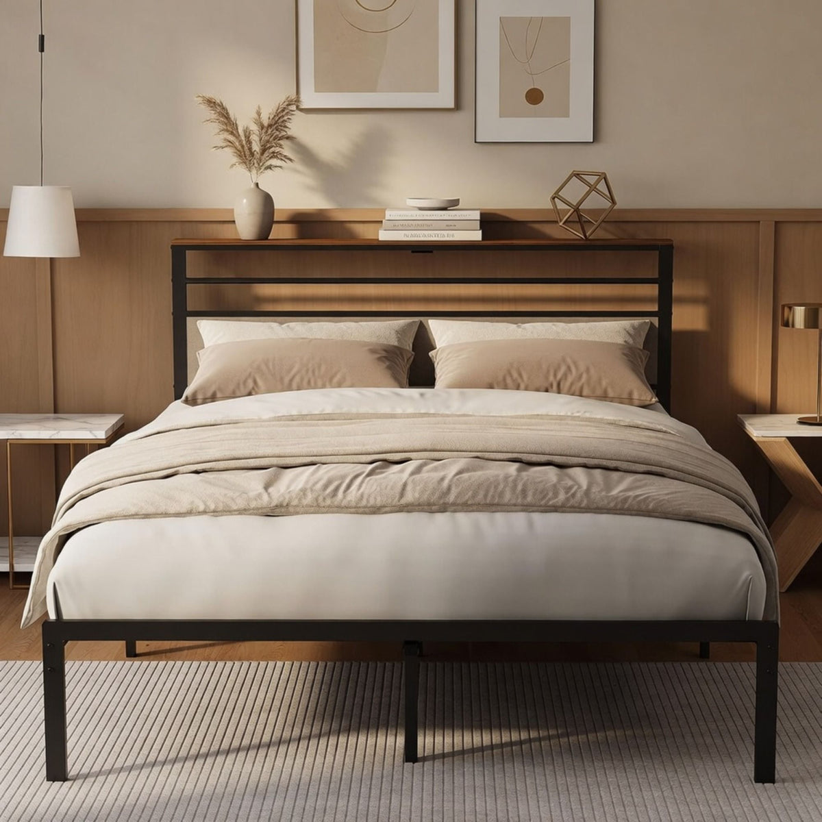 Platform Bed Frame With Charging Station & Headboard Shelves