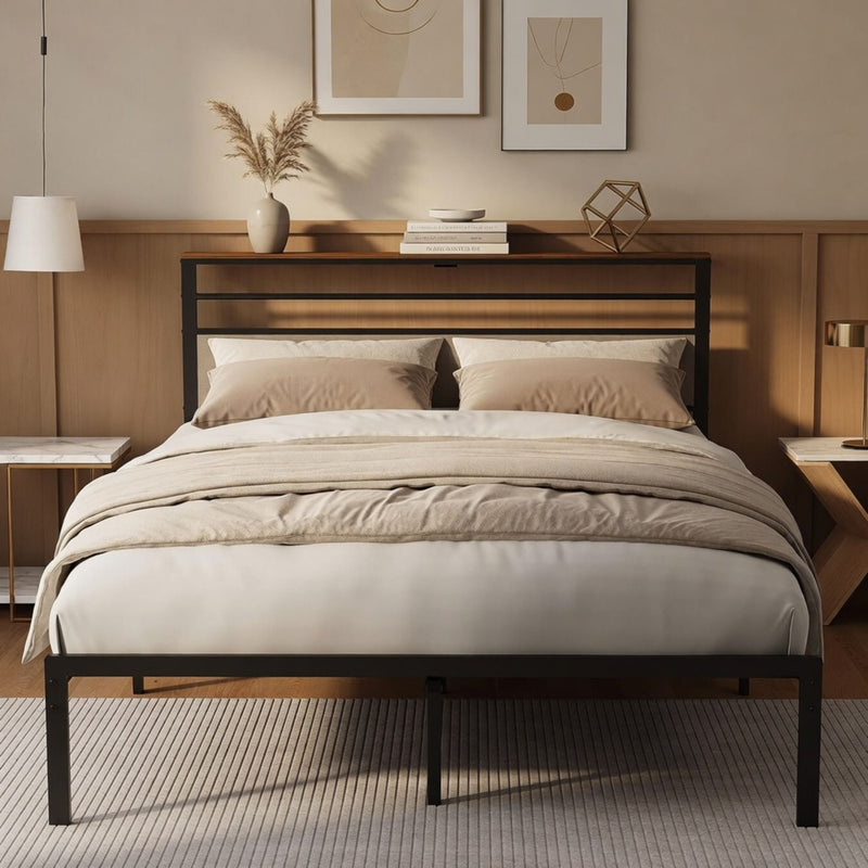 Platform Bed Frame With Charging Station & Headboard Shelves