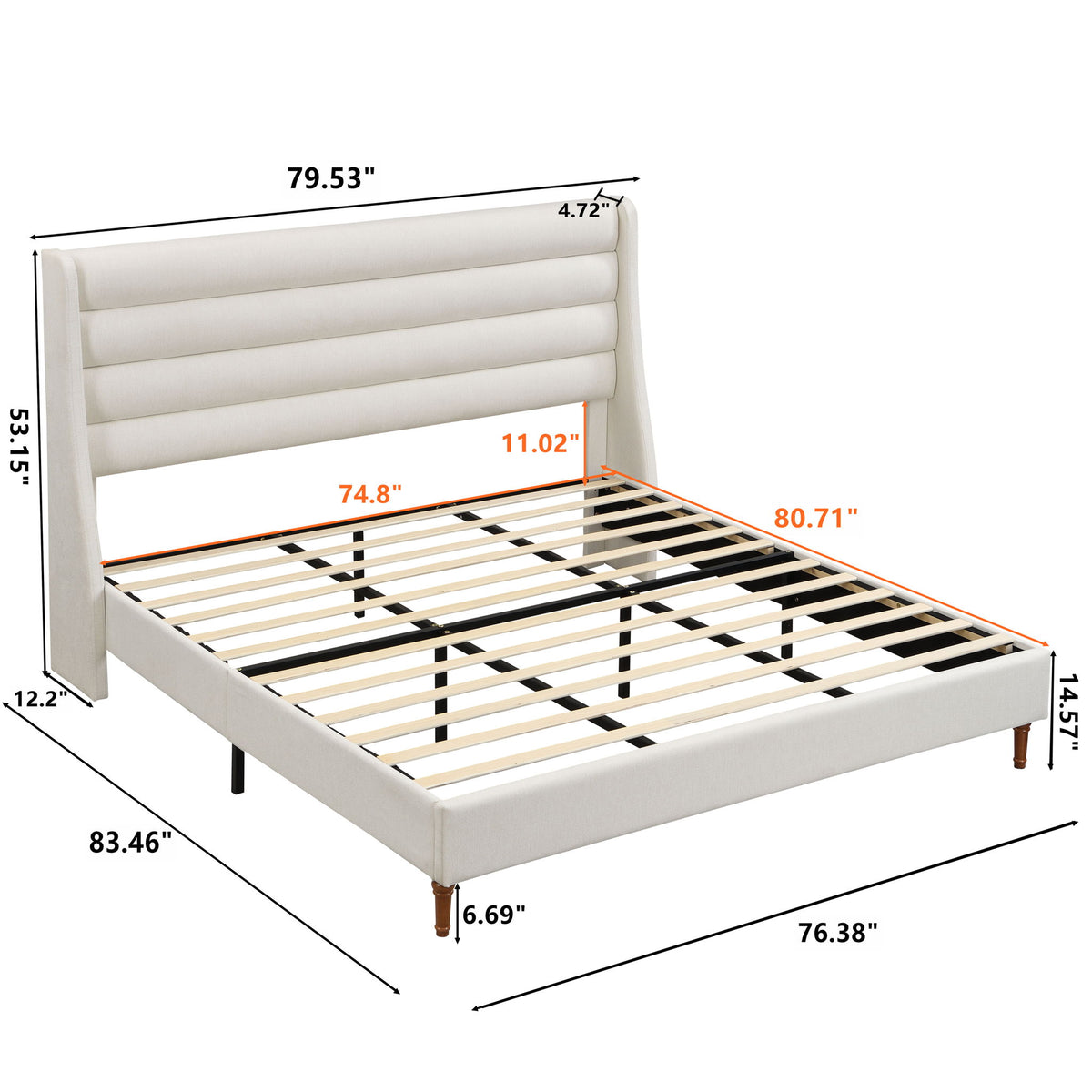 Beige upholstered platform bed with wave headboard, shown with size measurements