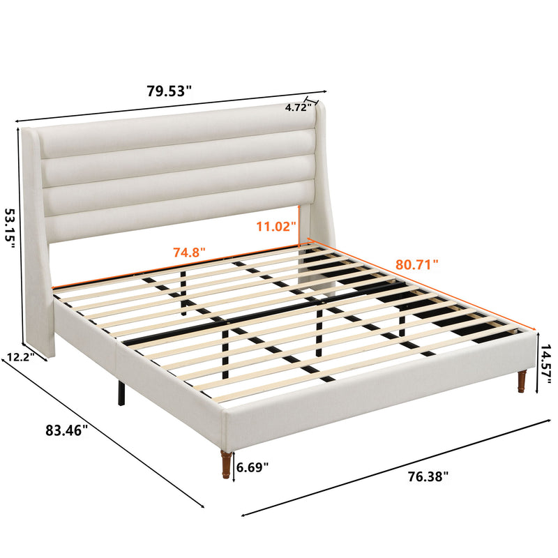Beige upholstered platform bed with wave headboard, shown with size measurements
