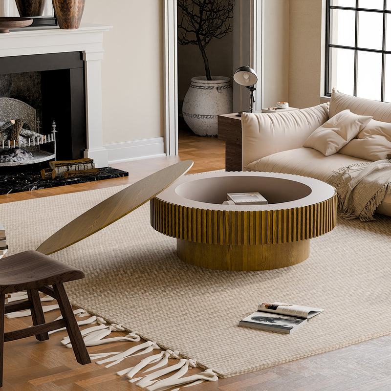 Round Coffee Table Hidden Storage Solid Wood Veneer Brown 39.37-inch