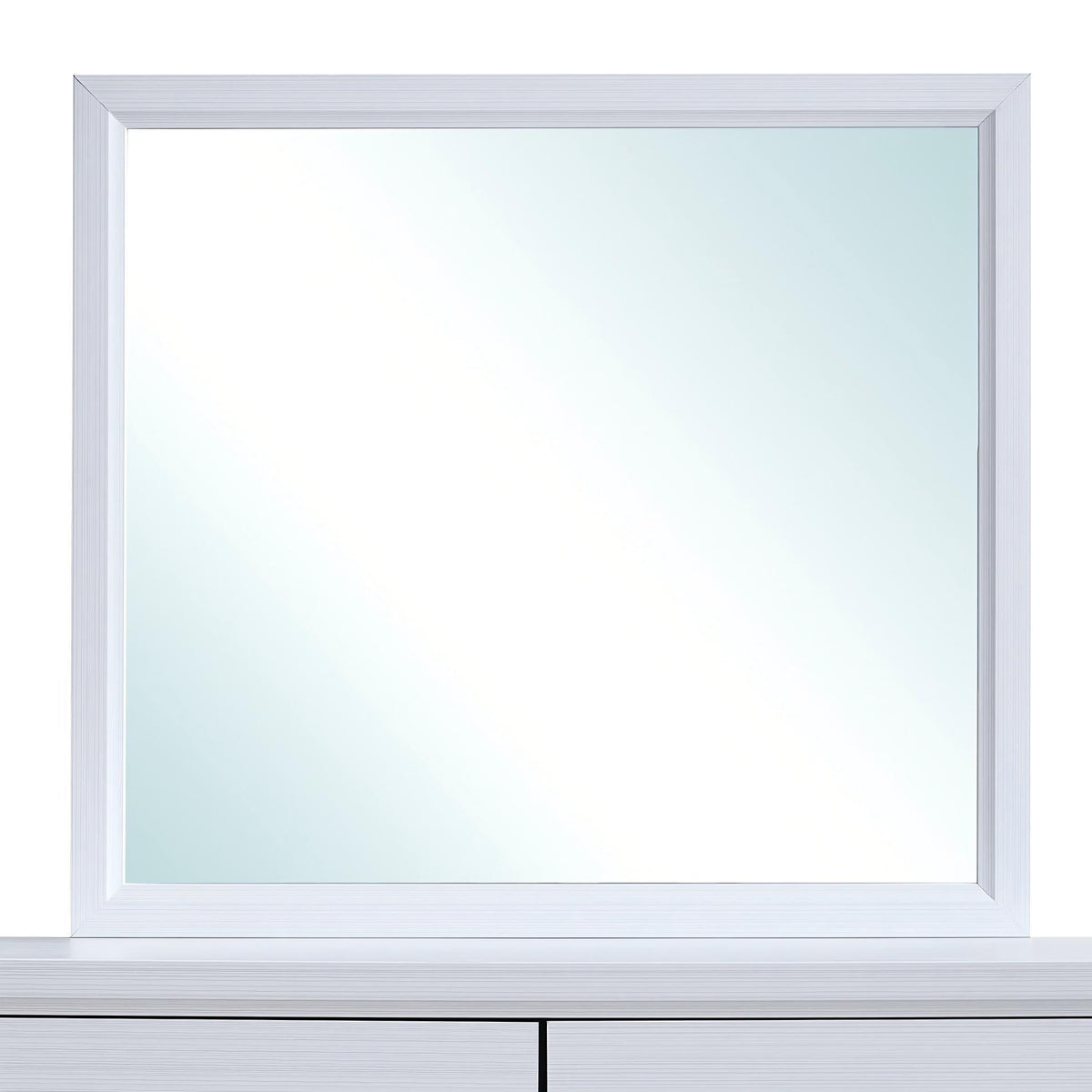Minimalist wall mirror with white frame and clear reflective glass panel