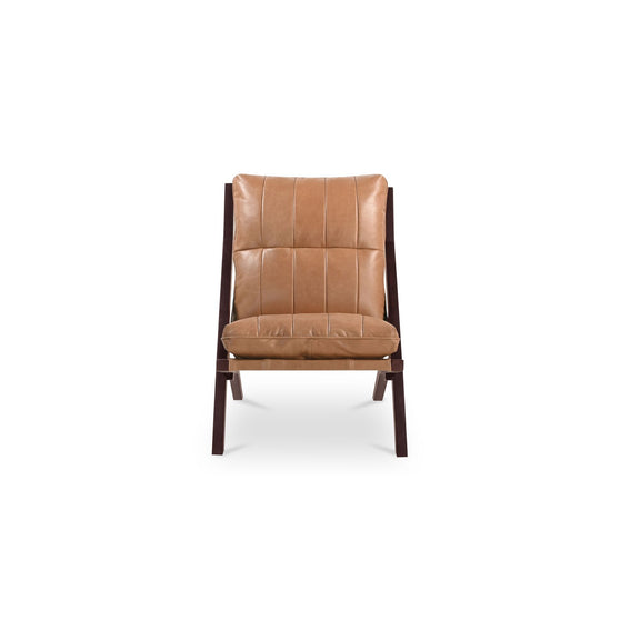 Tan leather-look accent chair with tufted back, cushioned seat, and dark wood legs