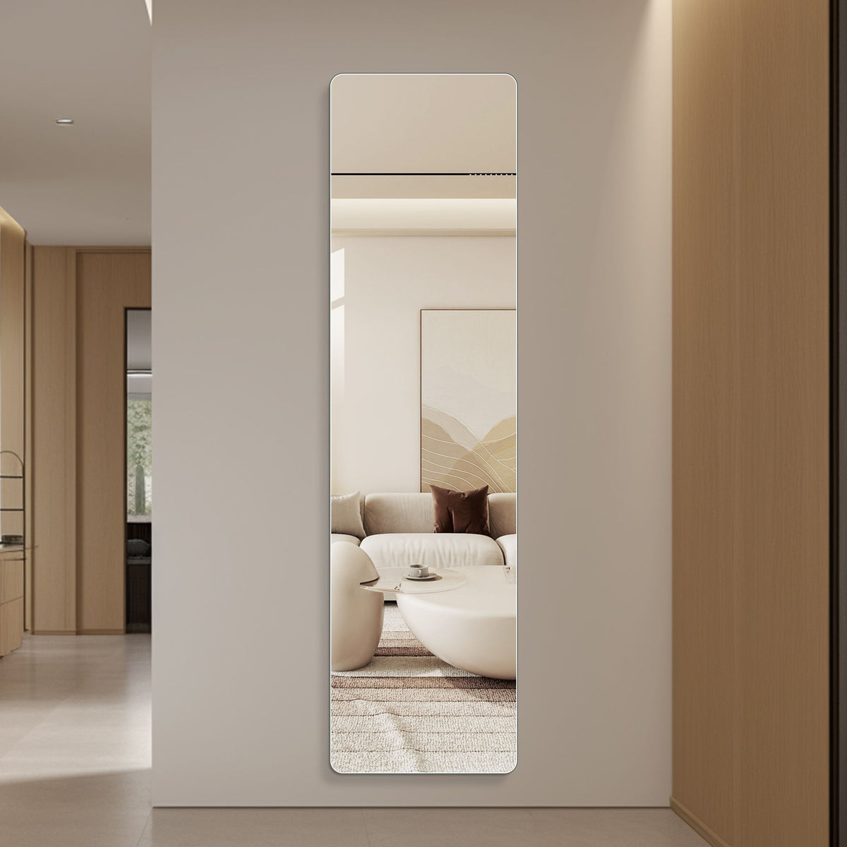 Full length rounded-edge mirror, pearl silver frame, built into wall