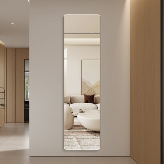 Full length rounded-edge mirror, pearl silver frame, built into wall