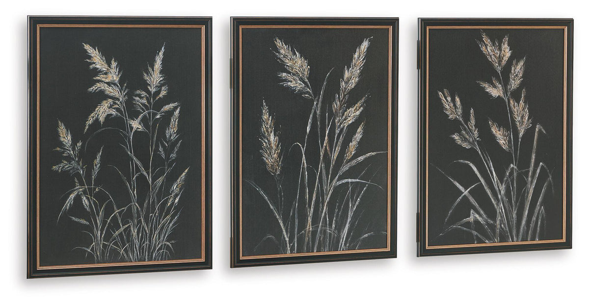Set of three framed botanical leaf prints with pale feather-like stems on dark background