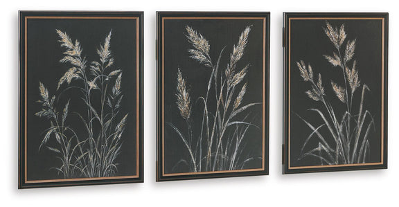 Set of three framed botanical leaf prints with pale feather-like stems on dark background