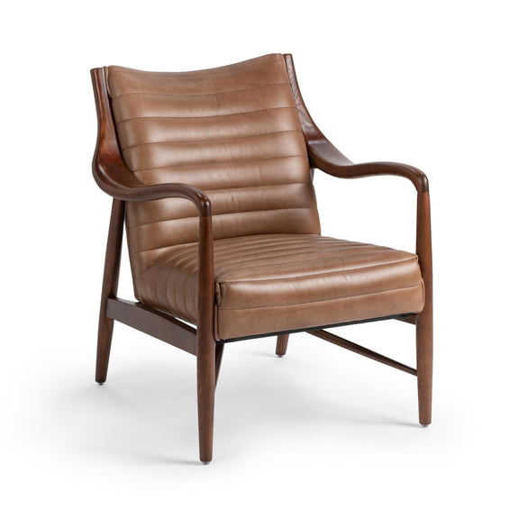 Adobe tan leather club chair with curved arms and vertical back stitching