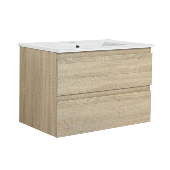 Wall-mounted bathroom vanity with white sink top and two light brown soft-close drawers