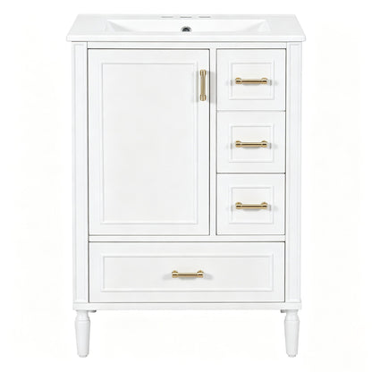 White bathroom vanity with sink, soft-close doors, and three drawers