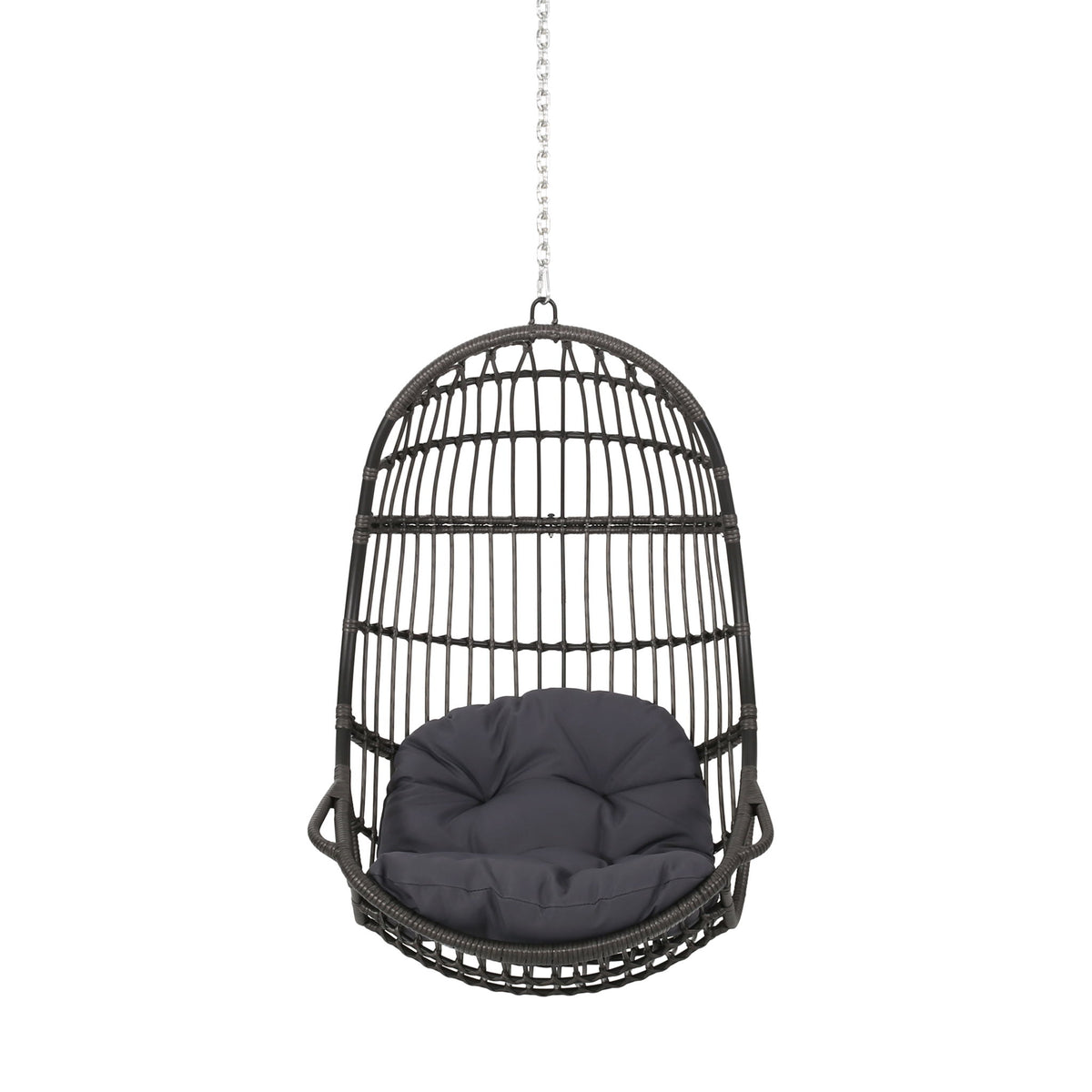 Wicker hanging chair with black curved frame and gray padded seat cushion