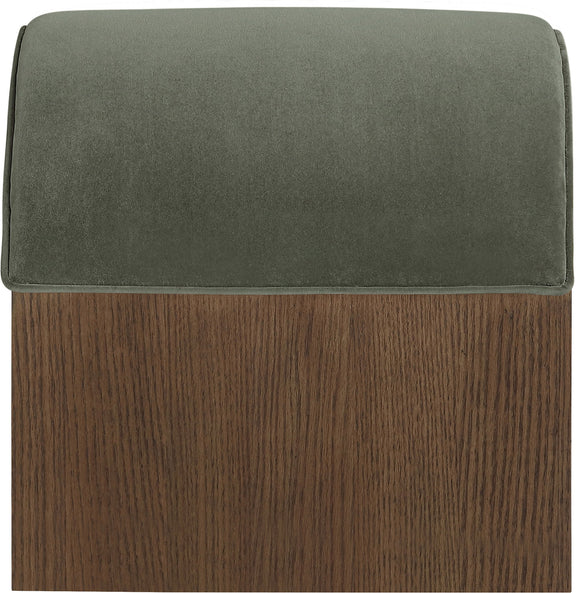 Sable velvet upholstered bench with dark green seat cushion and wood base.