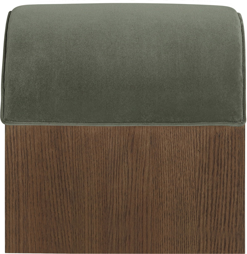Sable velvet upholstered bench with dark green seat cushion and wood base.