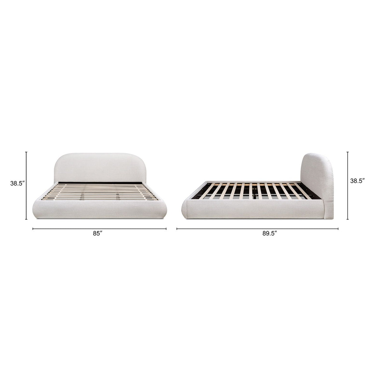 Upholstered platform bed set: white and dark brown with rounded headboards and slat support