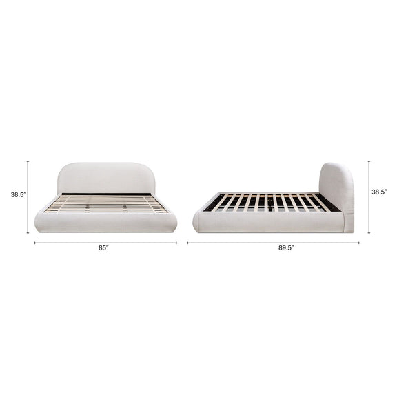 Upholstered platform bed set: white and dark brown with rounded headboards and slat support