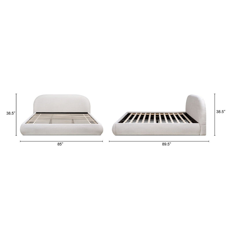 Upholstered platform bed set: white and dark brown with rounded headboards and slat support