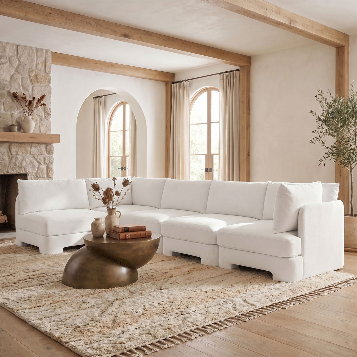White velvet sectional sofa with chaise corner and wide back cushions
